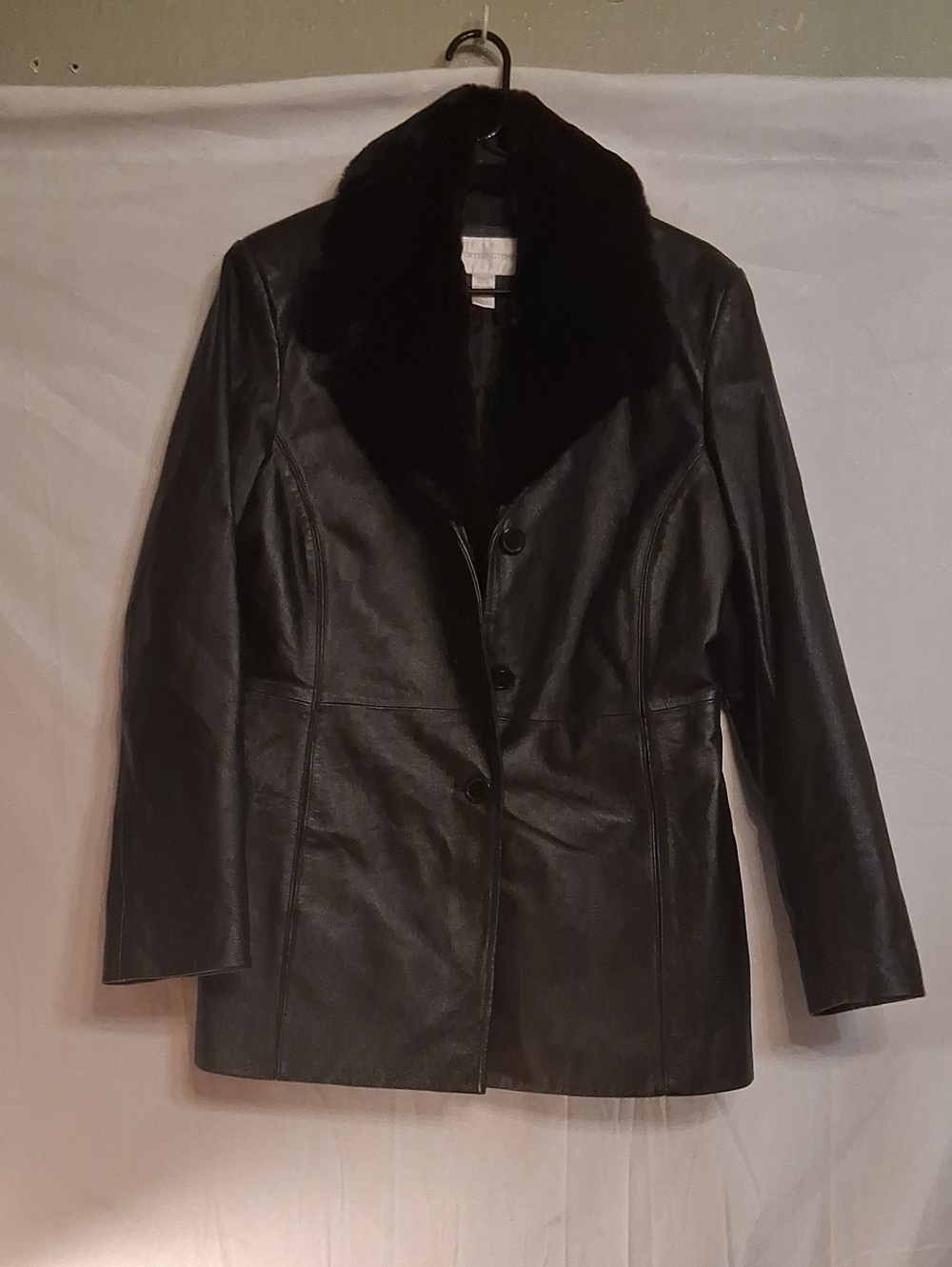 Worthington Classic Black Leather Jacket with Fur Collar Size Medium